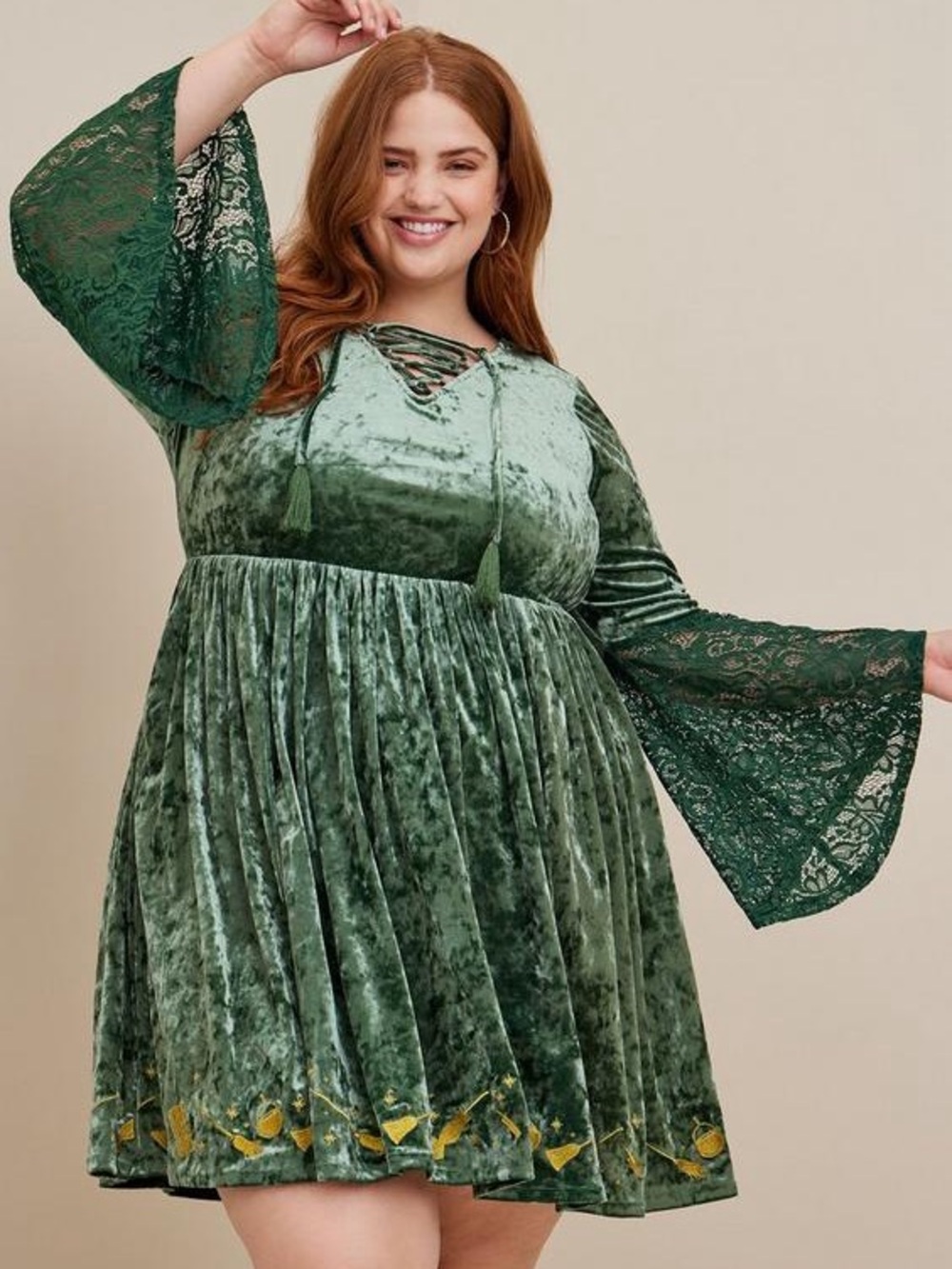 Disney Hocus Pocus Velvet Lace-Up Dress in Dark Green